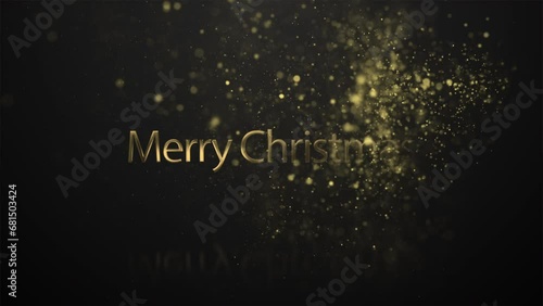 Merry Christmas beautiful shiny golden Christmas text animated with sparkles effect and bokeh on black screen. Christmas celebration elements. photo