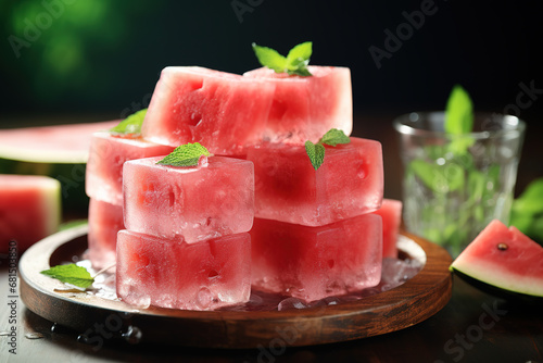 Homemade watermelon popsicles with ice on table