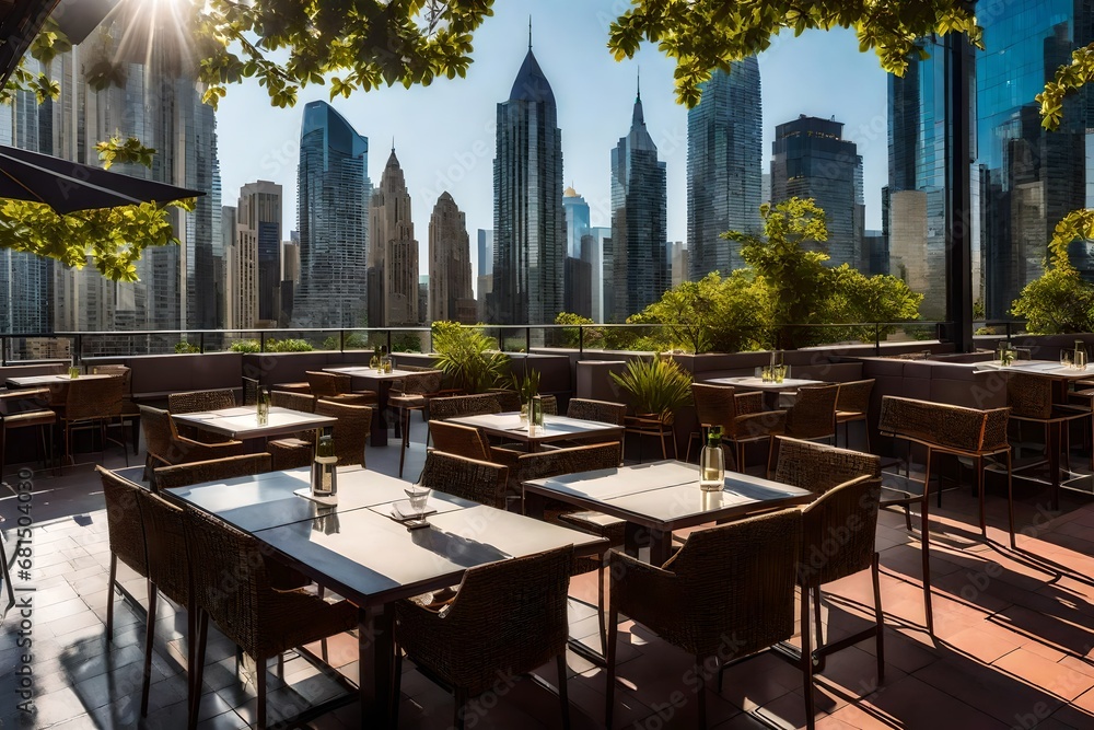 Tables and Chairs on a Rooftop Restaurant Terrace, Engulfed by City Skylines