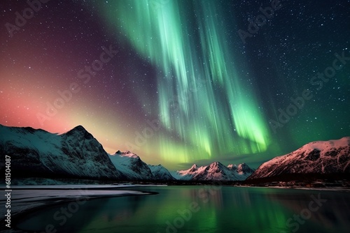 Northern lights against the backdrop of mountains. Night starry sky. Polar Lights. Aurora