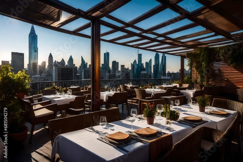 Dine on a Terrace Roof with Tables and Chairs, Overlooking City Skylines