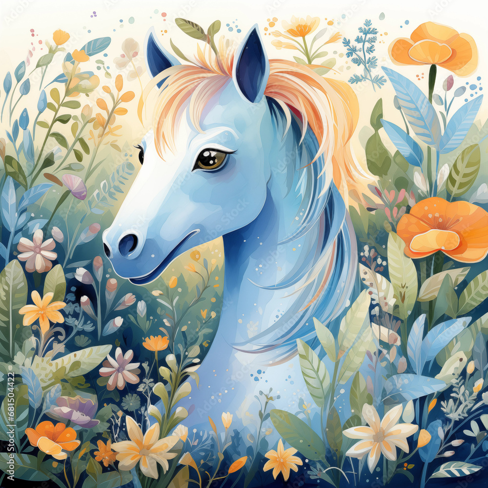 Cavalo azul fofo e plantas - Ilustração infantil colorida