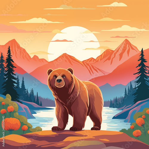 Urso pardo na montanha sobre o por do sol - Ilustra    o