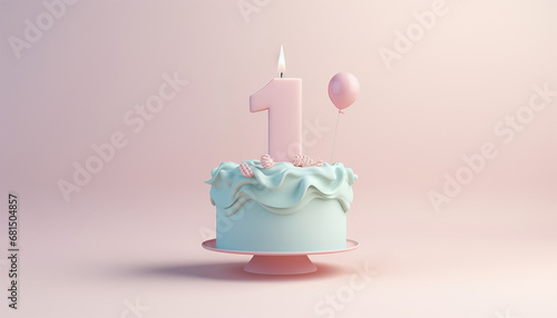 Birthday cake pastel with number 1 on pink blue background. One year concept. A colorful birthday cupcake with one candle and confetti on a yellow background Happy Birthday concept