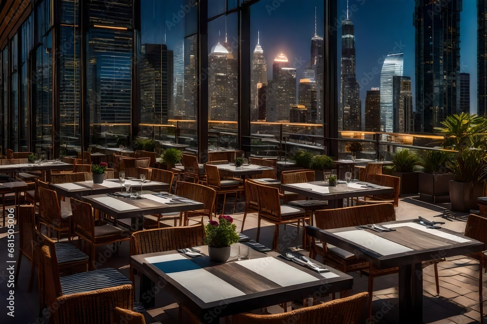 Restaurant Terrace Dining with Tables and Chairs, Overlooking the Cityscape