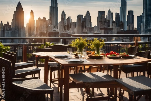 Enjoy Gourmet Cuisine on a Terrace Roof with Tables and Chairs