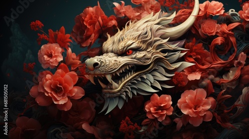 Intricately Carved Dragon Amidst Blooms Symbolizing Chinese Elegance