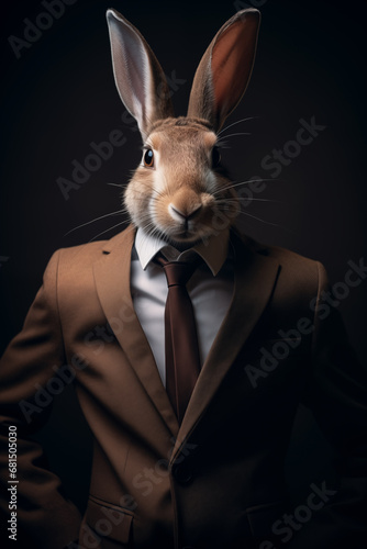 Coelho vestido com um terno elegante e uma bela gravata. Retrato fashion de um animal antropomórfico posando com uma atitude humana