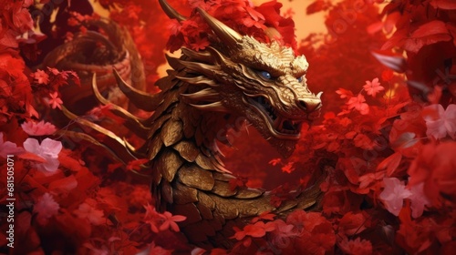 Golden Dragon Amidst Red Flowers Symbolizing Chinese Prosperity © _veiksme_