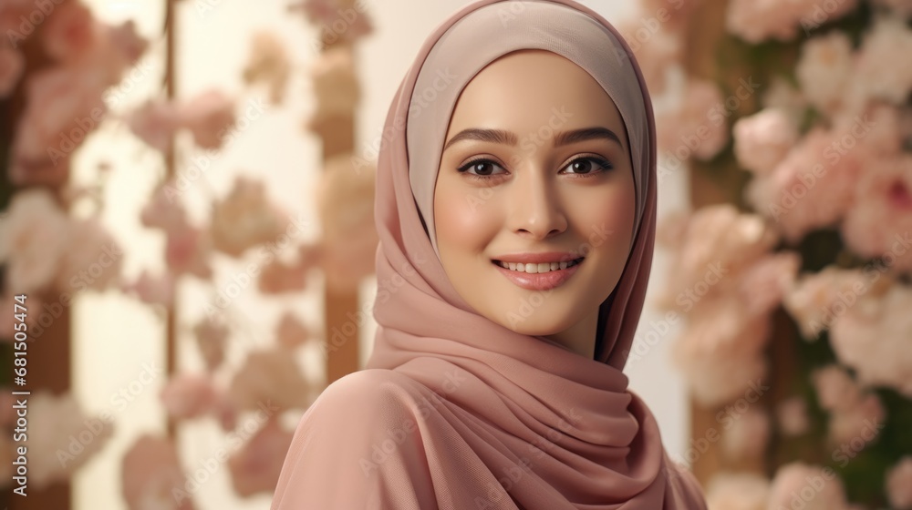 Portrait of a smiling Islamic woman. Cute Muslim girl. Beautiful Muslim woman model posing against studio background. Portrait of a woman in hijab Portrait of a smiling Islamic woman. Cute Muslim girl. Beautiful Muslim woman model posing against studio background. Portrait of a woman in hijab
