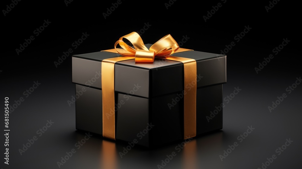 Black closed gift box with gold ribbon on black background Black closed gift box with gold ribbon on black background