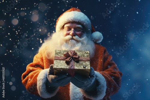 Curious Santa Claus opening magic gift box with copy space