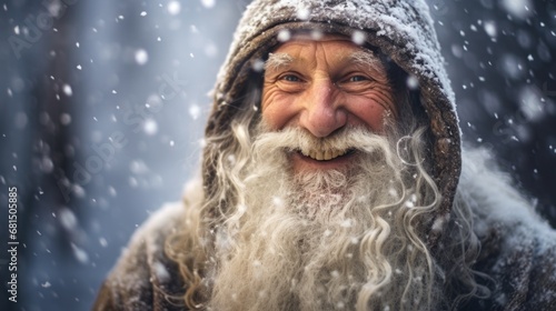 Elderly Man Radiates Joy Amidst Winter's Gentle Snowfall