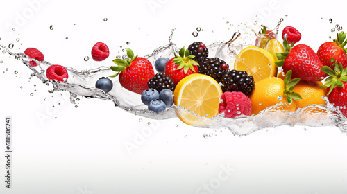 Fresh fruits strawberry, blackberry, blueberry, raspberry and orange with water splash freeze motion on white background.