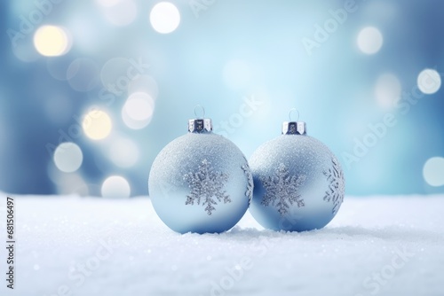 Christmas balls and snowflakes on an abstract blue background. Christmas balls on the snow.