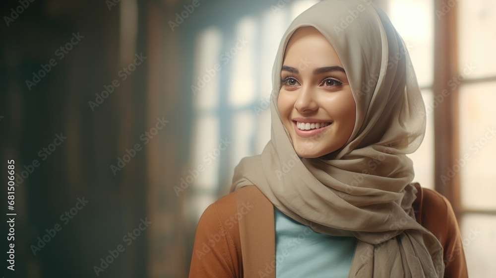 Portrait of a smiling Islamic woman. Cute Muslim girl. Beautiful Muslim woman model posing against studio background. Portrait of a woman in hijab Portrait of a smiling Islamic woman. Cute Muslim girl. Beautiful Muslim woman model posing against studio background. Portrait of a woman in hijab