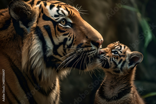Tigress and tiger cub in the jungle, lovely moment.