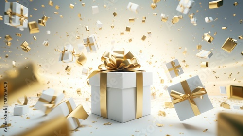 Happy New Year and Merry Christmas 2024, white gift boxes with gold bows and gold glitter confetti on a white background. Gift boxes fly and fall.