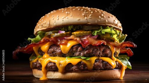 Tasty cheeseburger on wooden cutting board, large size hamburger with grilled meat, melting cheese and fresh vegtables, isolated on black, close up shot. photo