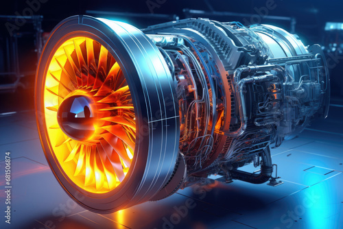 Modern turbofan engine. close up of turbojet of aircraft. Blades of the turbofan engine of the aircraft.