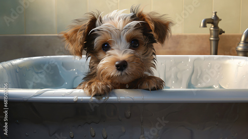 Baby dog in a bathtub in the bathroom