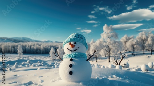 Snowman with Hat and Scarf Smiling in Winter Wonderland © _veiksme_