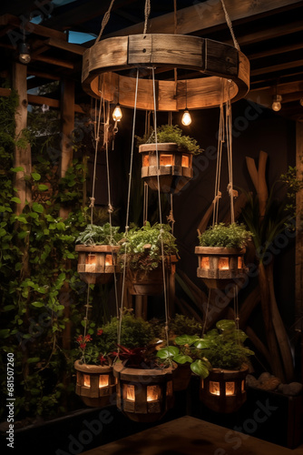 ornately designed set of tightly together hanging wood planters with lights arranged like a chandelier. AI generated