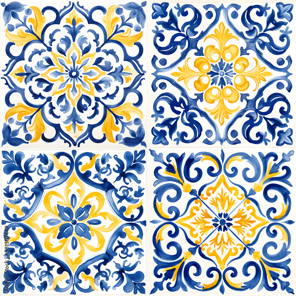 Pattern of azulejos tiles. Rustic blue and yellow tile watercolor seamless pattern 