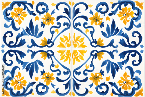 Pattern of azulejos tiles. Rustic blue and yellow tile watercolor seamless pattern 