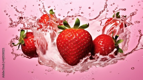 Fresh Red Strawberries Splashing into Milk on Pink Background