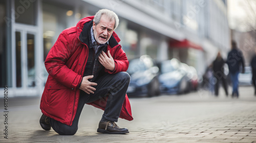 Mature man on street having heart attack, angina pectoris, myocardial infarction, chest pain, man feeling ill on street, timely prevention of cardiovascular diseases.