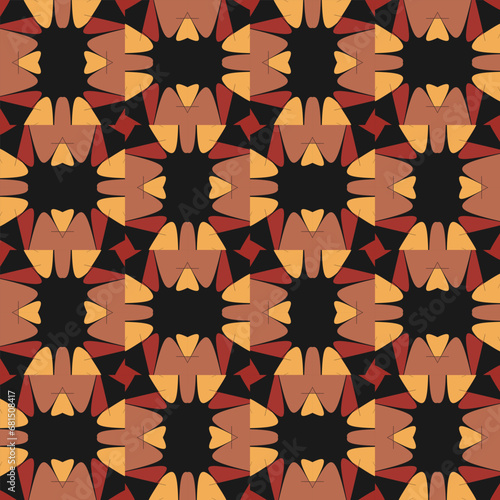 Seamless pattern in restrained colors with rectangular compositions rotated at different angles. Colors - burgundy, beige, yellow, black. Vector illustration