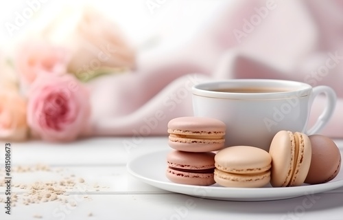 macaroons cookies sweet dessert on white plate on wooden table