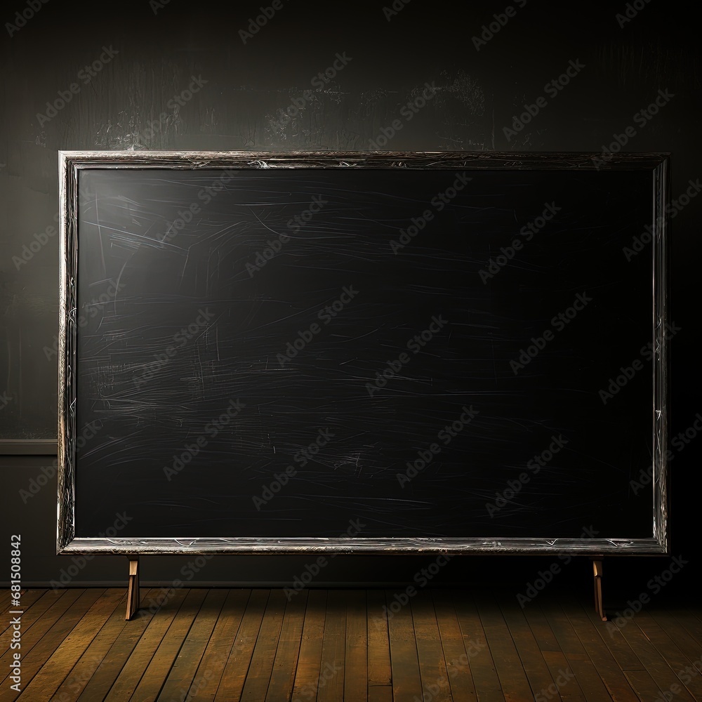 Nostalgic Empty Blackboard on Wooden Floor - obrazy, fototapety, plakaty 