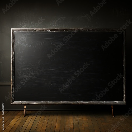 Nostalgic Empty Blackboard on Wooden Floor