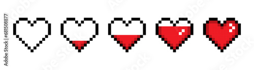 Set of red heart line icon. Emoji, valentine's day, relationships, love, life, health, game, treatment, applications, pixel style. Multicolored icon on white background.