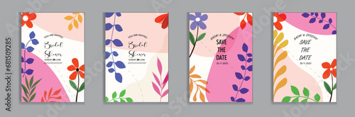Vector bright and colorful  wedding cards, invitation template leaves, and flowers floral