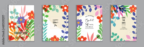 Vector bright and colorful  wedding cards, invitation template leaves, and flowers floral