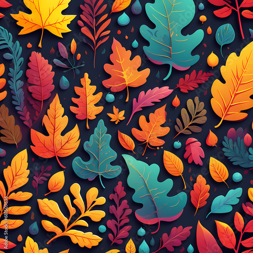 Abstract autumn scene bursts forth in vibrant, colorful hues, In a detailed, vector style.