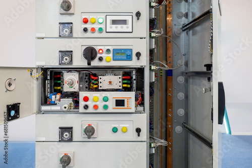 Electrical equipment. Industrial equipment control cabinet. Electrical panel for control over production workshop. Electrical production equipment. Cabinet for automation of manufactory