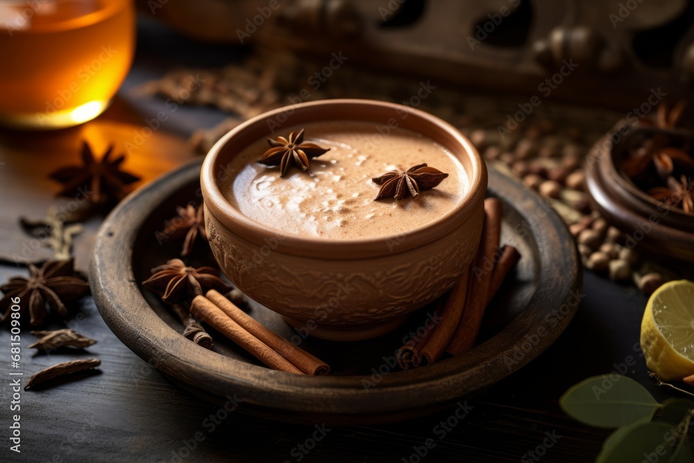 Experience the warmth of traditional Indian masala chai in a clay cup surrounded by aromatic spices Experience the warmth of traditional Indian masala chai in a clay cup surrounded by aromatic spices