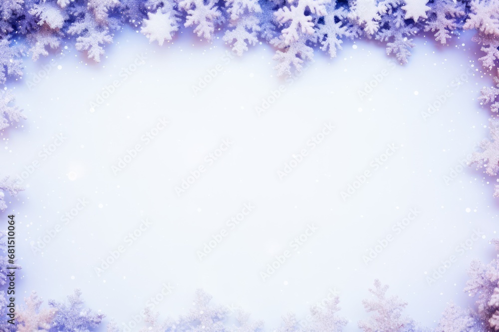 Fluffy blank frame with snowflakes in warm purple color and snow for Christmas background Fluffy blank frame with snowflakes in warm purple color and snow for Christmas background