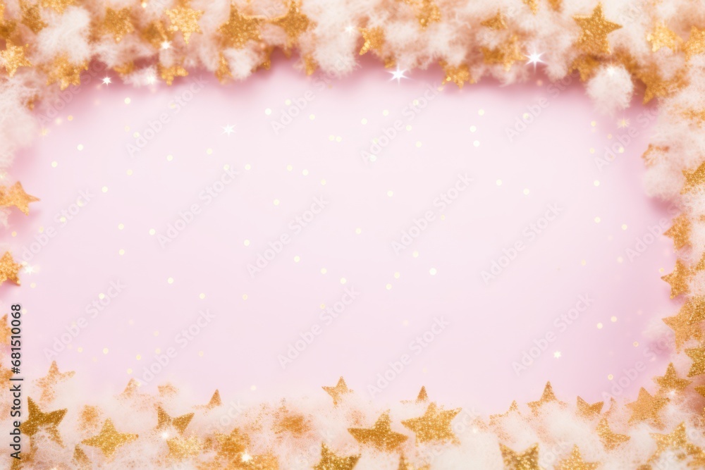 Fluffy blank frame with stars in warm pink and gold color and snow for Christmas background