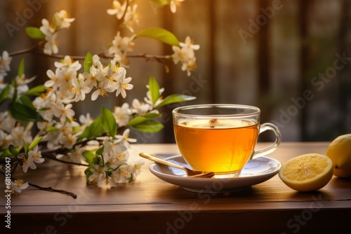 The comforting sight of Orange Blossom Tea steeping in a cup on a rustic table as the morning sun illuminates the scene