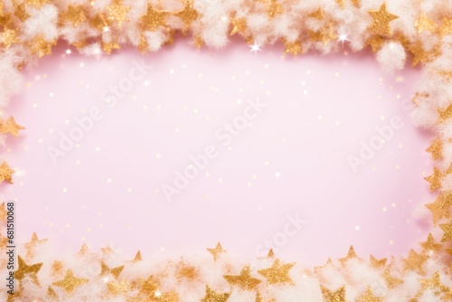 Fluffy blank frame with stars in warm pink and gold color and snow for Christmas background