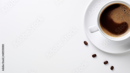 A cup of coffee on a white table, top view, copy space