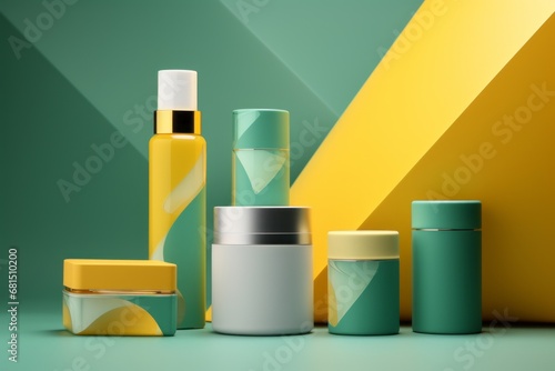 Yellow and green cosmetic presentation packaging mockup cosmetic products. Cream jar, spray, oil, lotion or shampoo, gel shower and liquid soap, antiperspirant Modern style beauty products