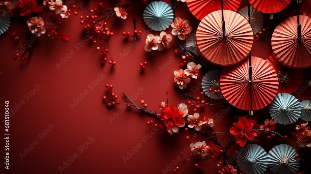 Chinese New Year Celebration Traditional Red Surface with Lanterns and Artistic Fan Craft Festive Holiday Cultural Decor with Space for Adding Text Top View Celebrating the Lunar New Year