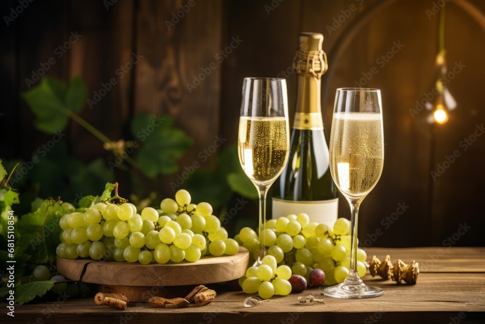 A romantic setting featuring a bottle of Spanish Cava wine accompanied by crystal glasses and fresh grapes