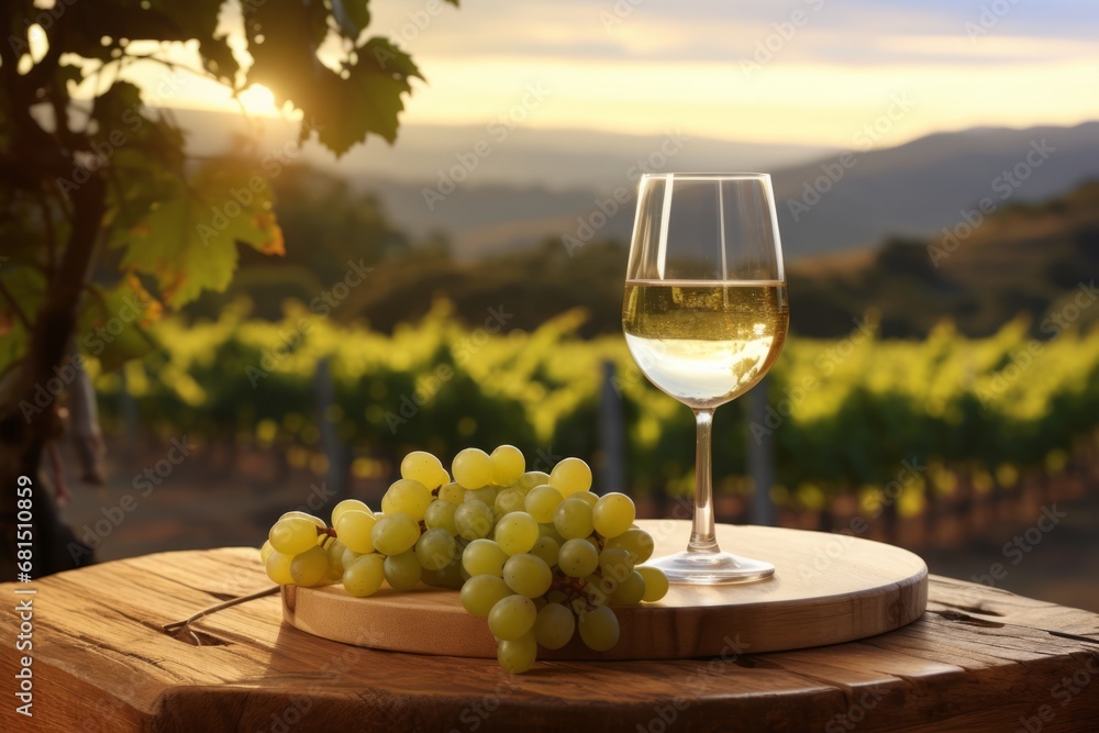 A picturesque moment with a glass of Sauvignon Blanc on a rustic table overlooking a lush vineyard